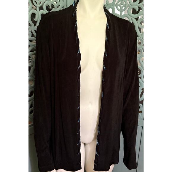 CHICO'S Travelers Open Front Cardigan-Slinky Black Knit w/Blue Ribbon-L/S Size 3 - Picture 7 of 7